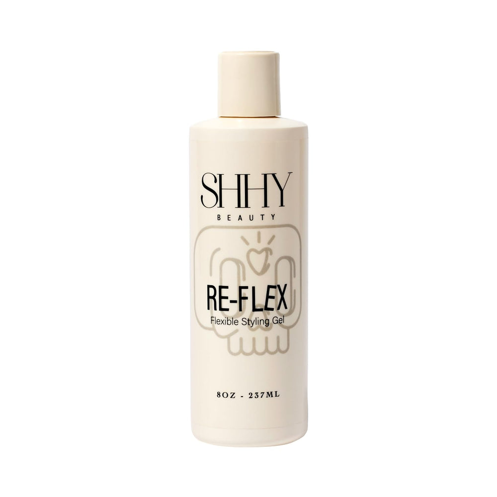 SHHY BEAUTY RE-FLEX curl gel bottle showing lightweight hold for defined curls.