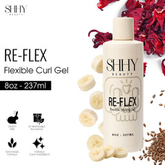 SHHY BEAUTY RE-FLEX ingredients oil blend highlighting nourished, hydrated curls.