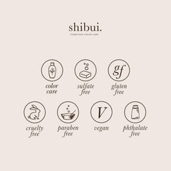 SHIBUI Clarifying Shampoo close-up of ingredients with vegan color-care complex.