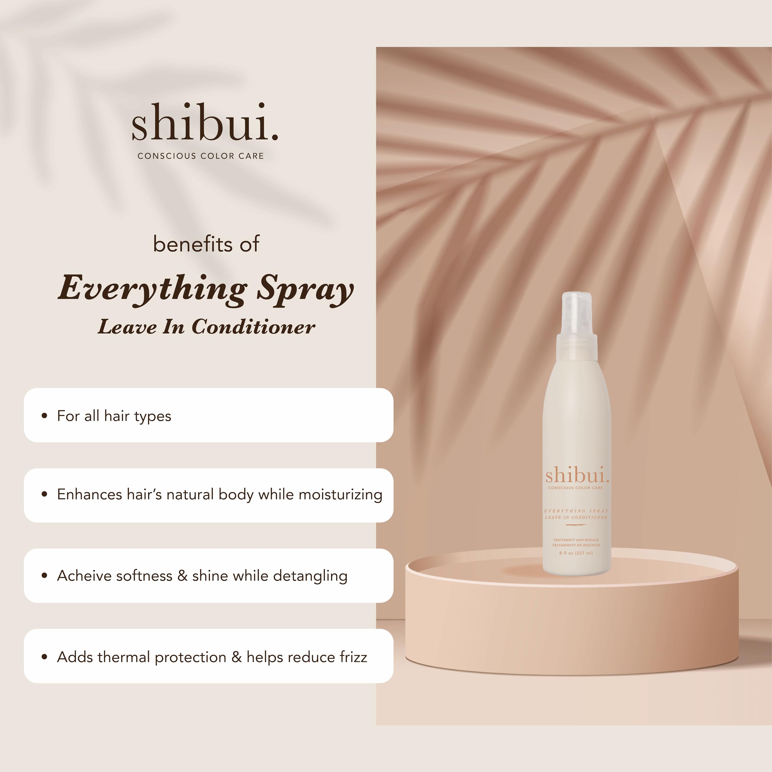 SHIBUI Everything Spray application — shows detangling and frizz control.