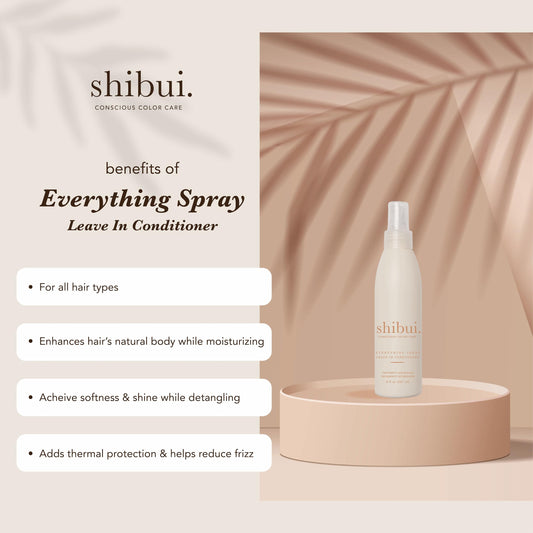 SHIBUI Everything Spray application — shows detangling and frizz control.