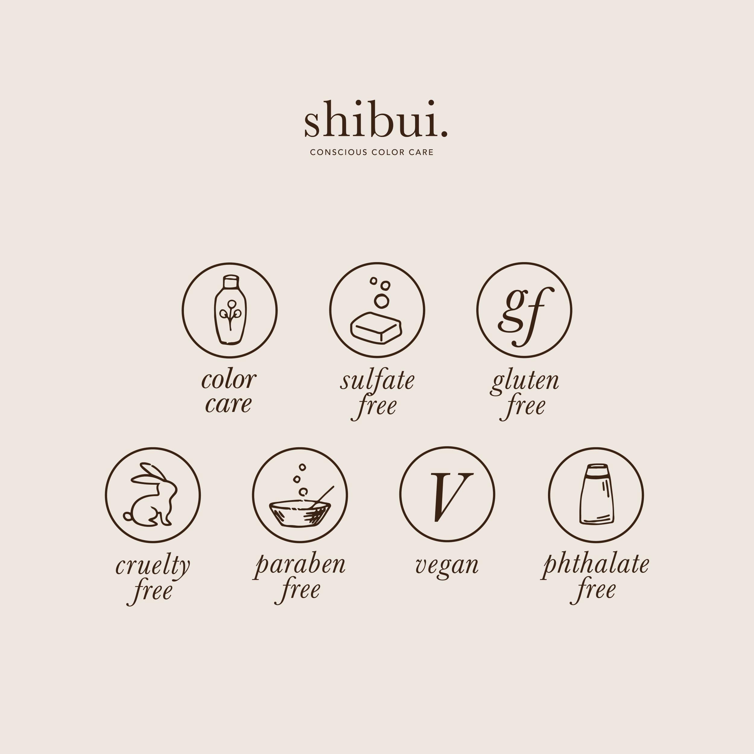 SHIBUI Ultra Hydrating Shampoo ingredients Core 4 protect color using vegan peptides and oils.