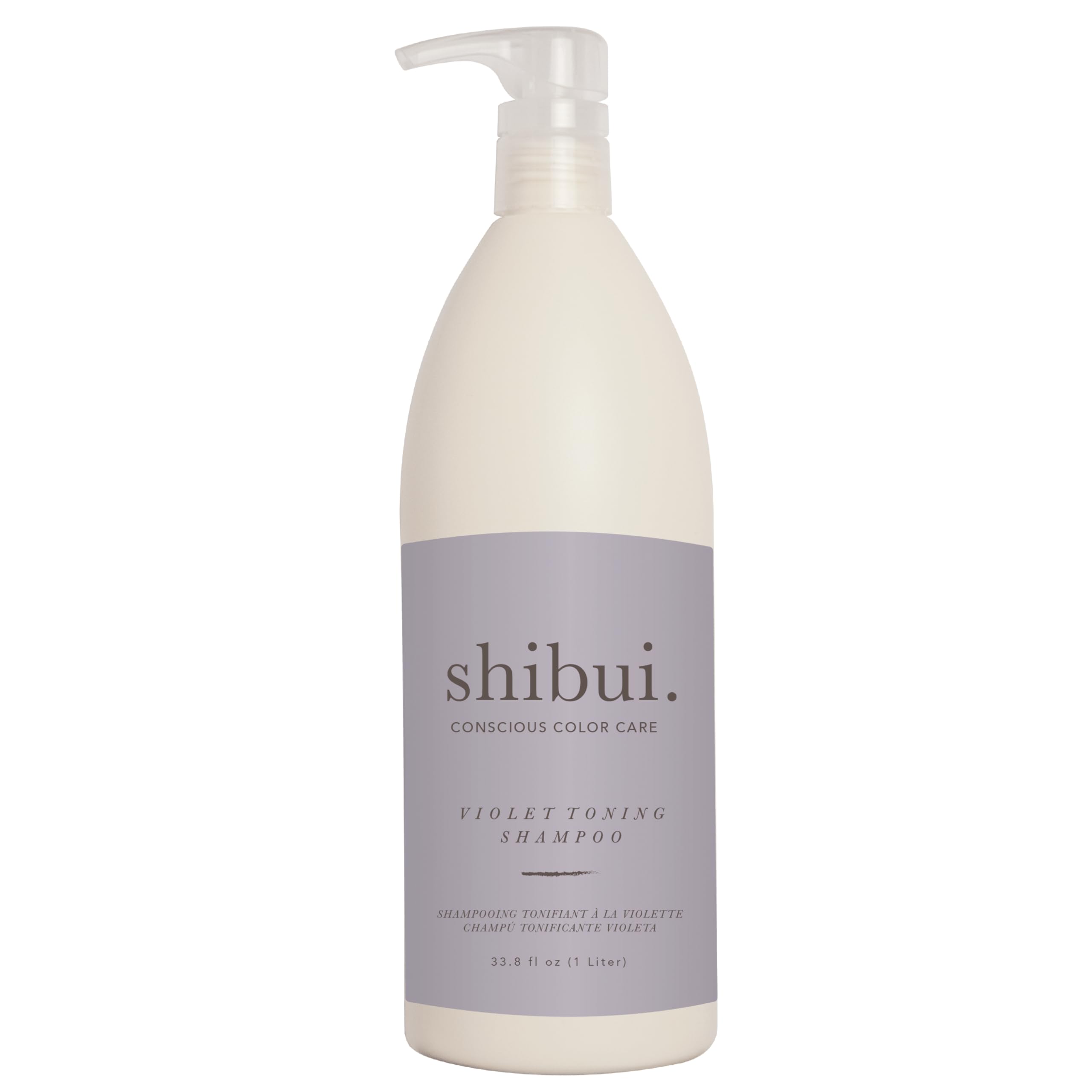 SHIBUI Violet Toning Shampoo bottle close-up neutralizes brassiness for blondes