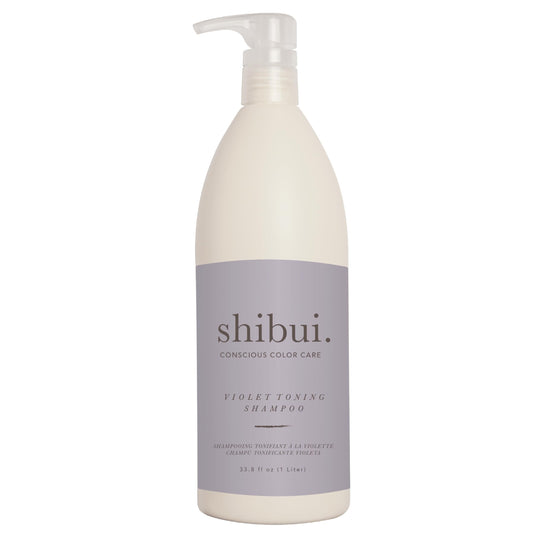 SHIBUI Violet Toning Shampoo bottle close-up neutralizes brassiness for blondes