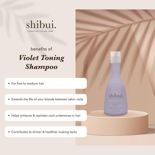 SHIBUI Violet Toning Shampoo pump application demonstrating even lather and tone balance