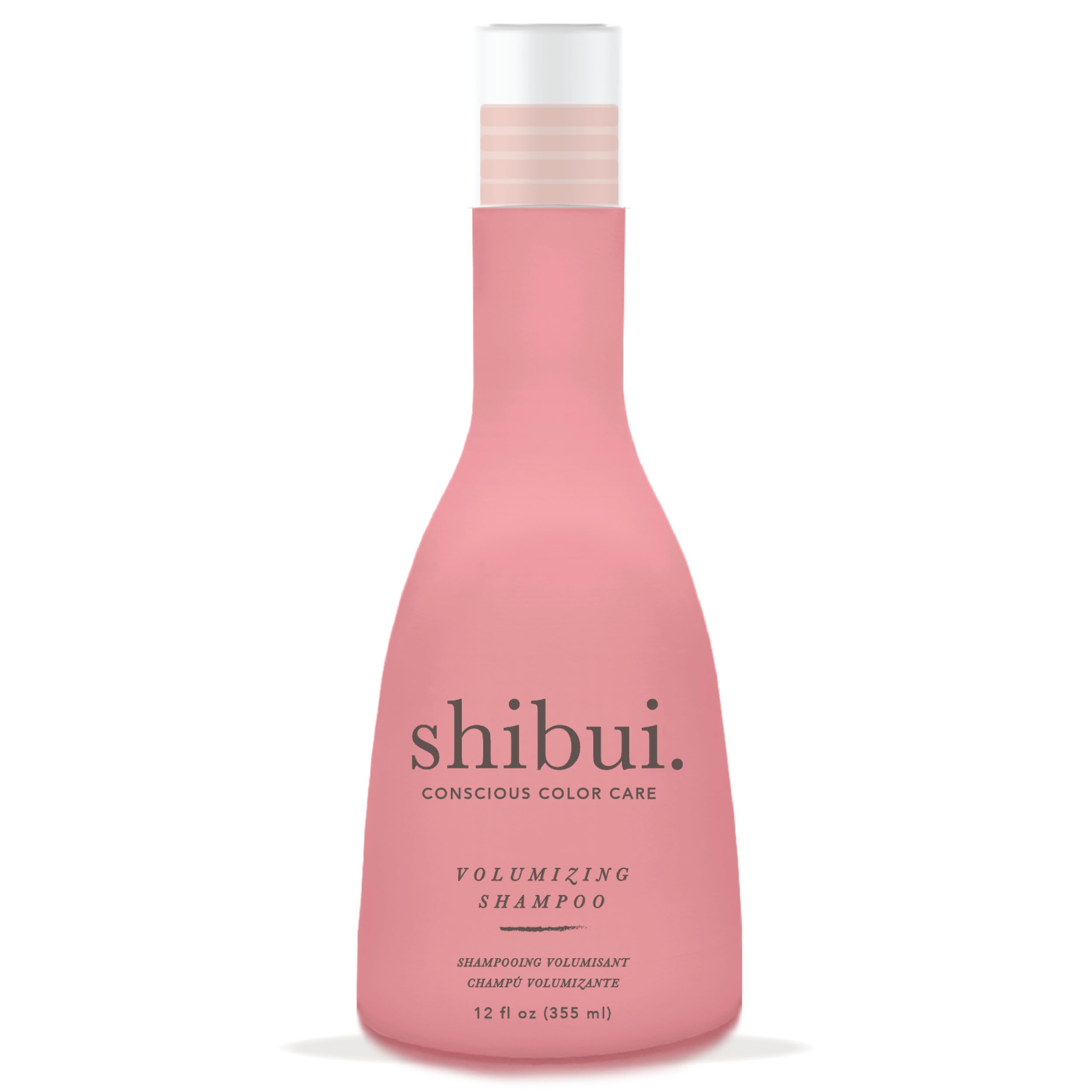SHIBUI Volumizing Shampoo bottle highlighting spirulina and cucumber extract for lightweight lift.
