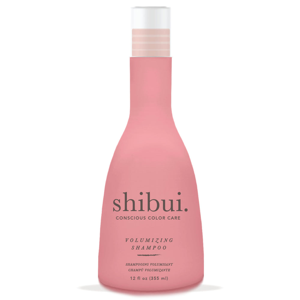 SHIBUI Volumizing Shampoo bottle highlighting spirulina and cucumber extract for lightweight lift.