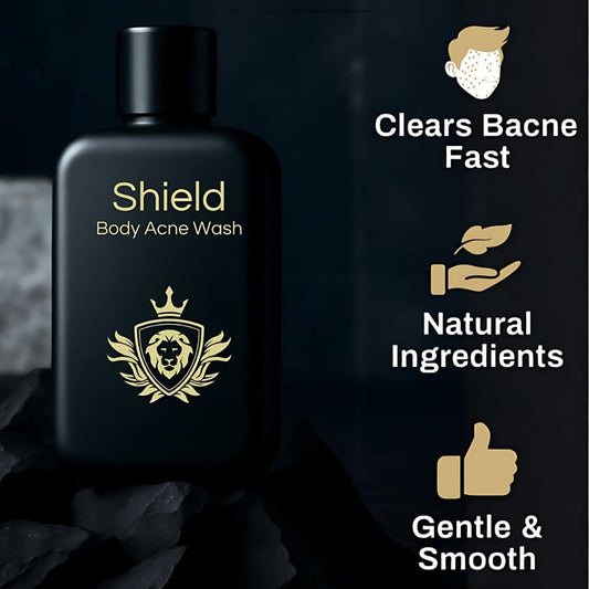 Shield Body Acne Wash bottle back label, clear ingredients for sensitive skin routines.