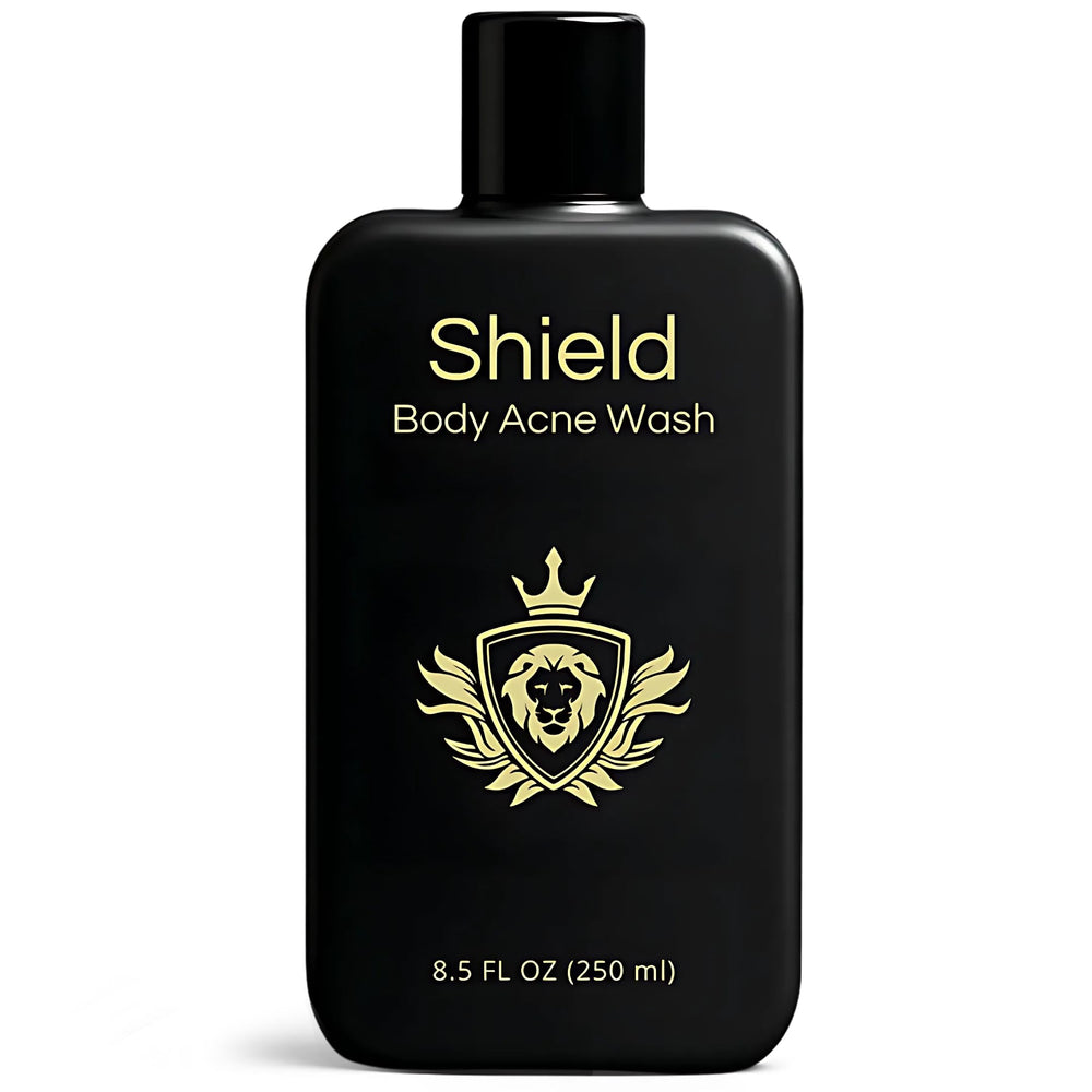 Shield Men’s Acne Body Wash bottle close-up for a fragrance-free, clarifying cleanse.
