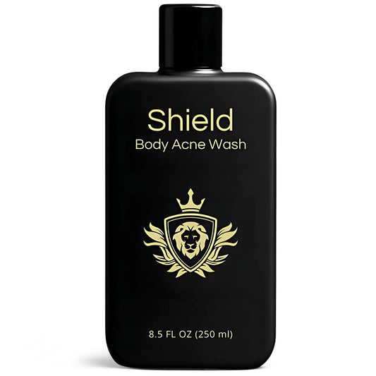 Shield Men’s Acne Body Wash bottle close-up for a fragrance-free, clarifying cleanse.