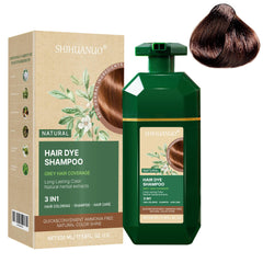 SHIHUANUO coffee hair dye shampoo bottle, easy at-home color for gray roots.