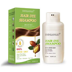 SHIHUANUO Hair Dye Shampoo bottle shows a 3-in-1 color, cleanse, and condition routine