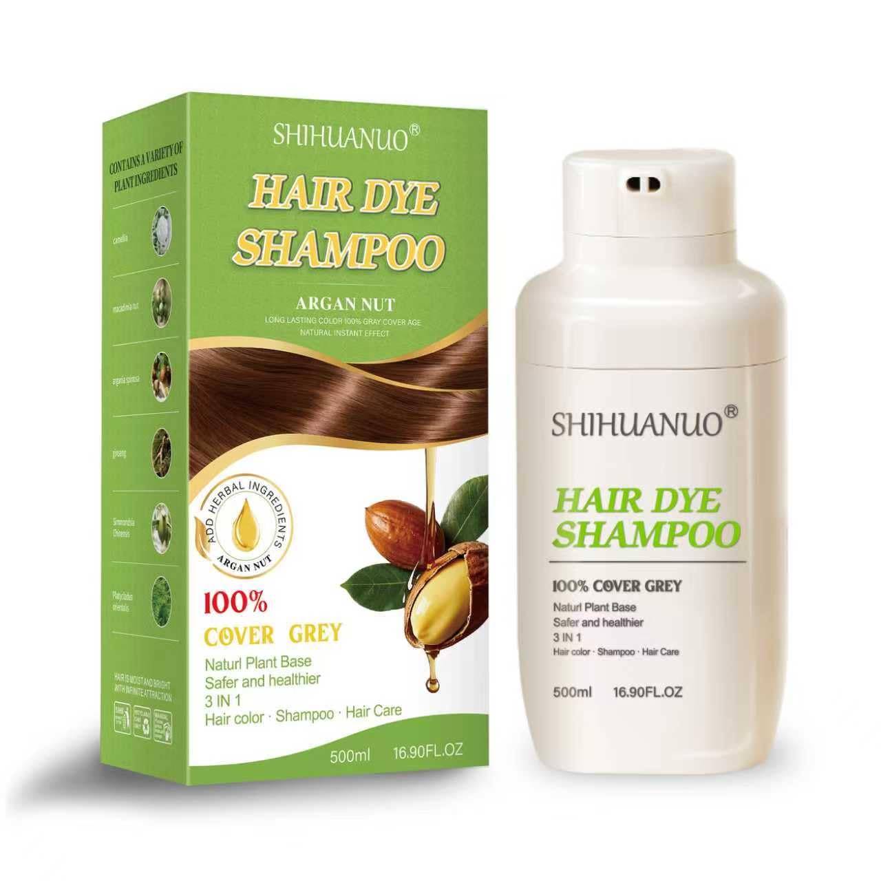 SHIHUANUO Hair Dye Shampoo chestnut brown packaging, convenient at-home color.