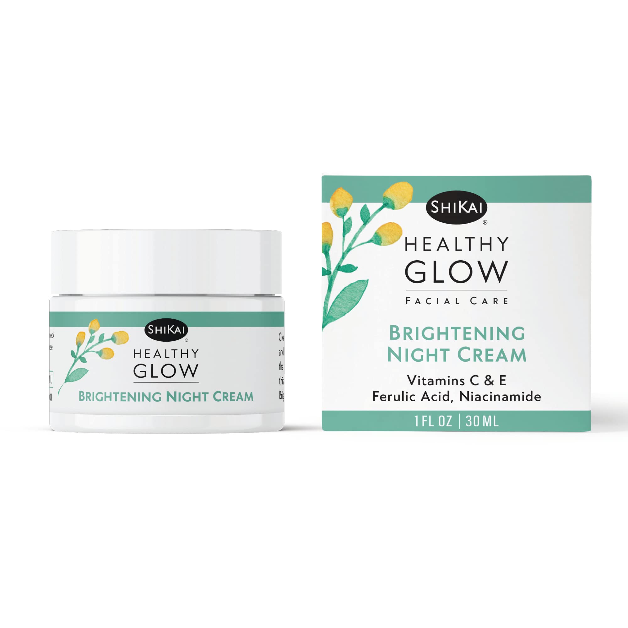 ShiKai Healthy Glow Night Cream ingredients label highlights vitamin C and antioxidants.