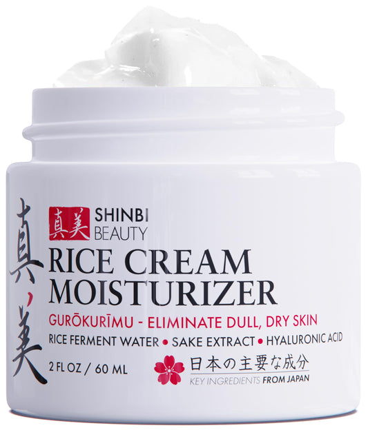 Shinbi Beauty Rice Cream jar close-up showing rich texture for hydrated skin.