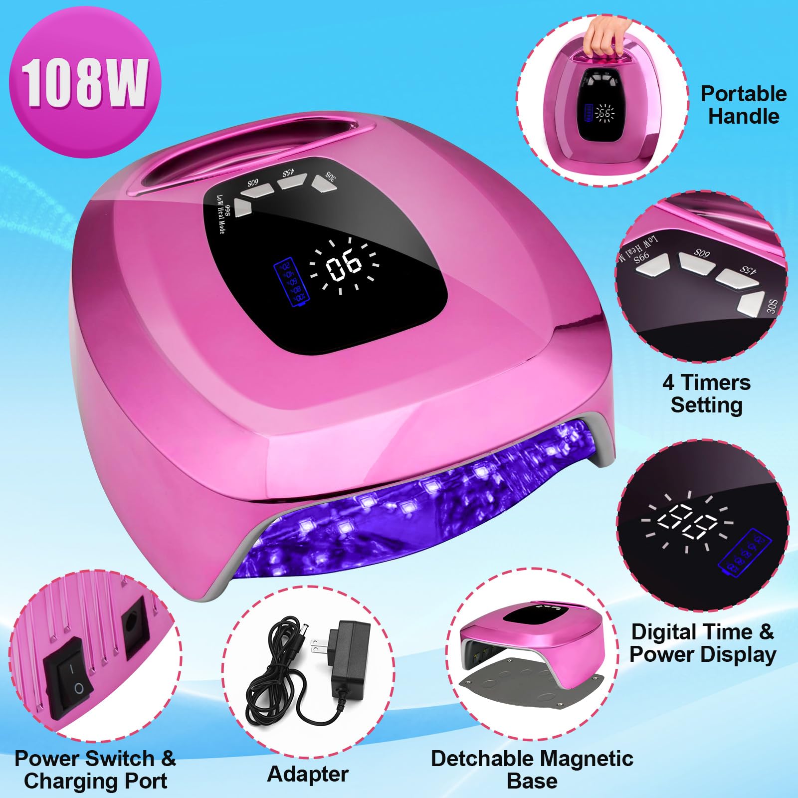 ShineCai UV LED Nail Lamp LCD display showing timer and battery status.