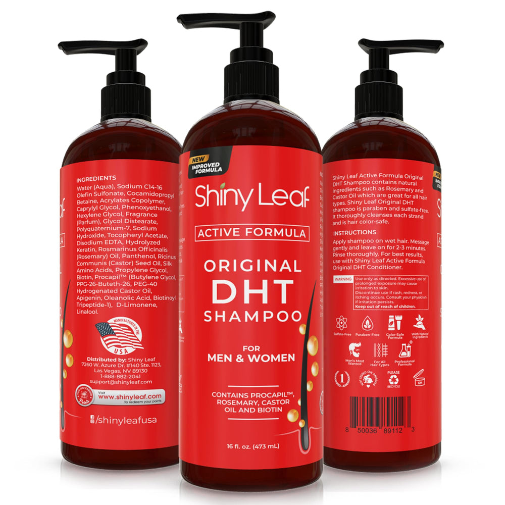 Shiny Leaf bottle on bathroom shelf signaling daily hair care routine