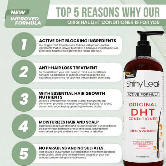Shiny Leaf Castor Oil Biotin Conditioner bottle nourishes scalp for stronger hair.