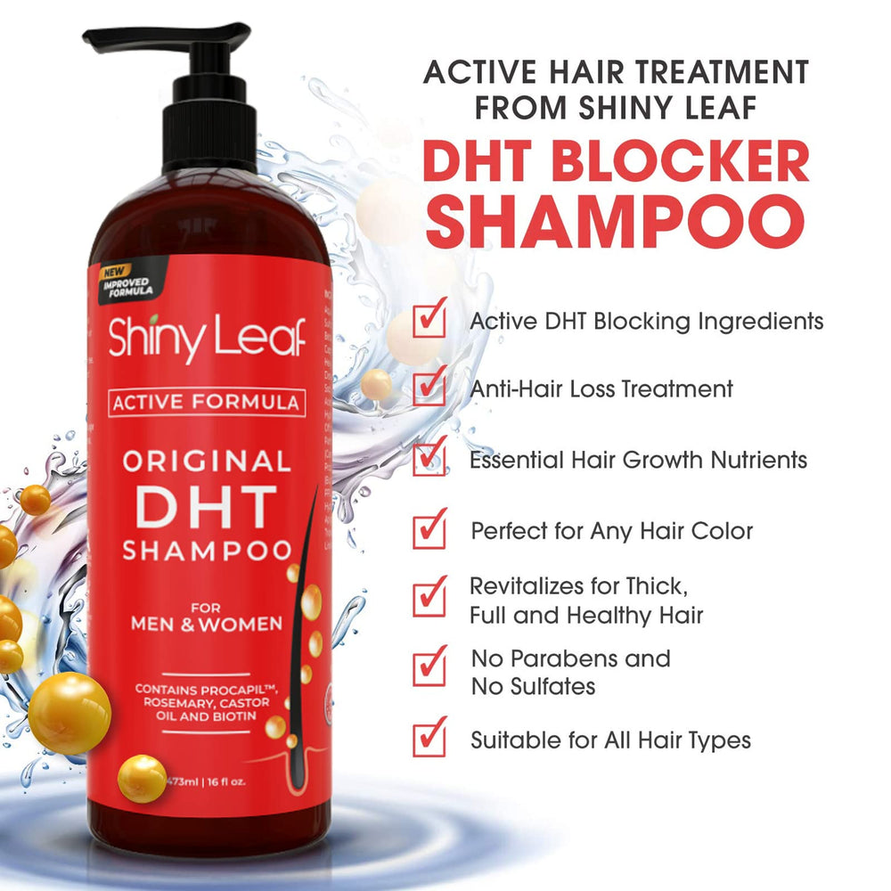 Shiny Leaf DHT Blocker Conditioner label emphasizing a moisture-rich formula.