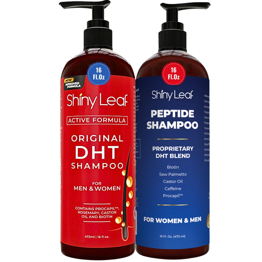 Shiny Leaf DHT Blocker Shampoo bottle supporting scalp cleansing and hair support