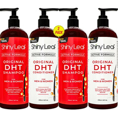 Shiny Leaf DHT Blocker Shampoo bottle showing daily-use formula for healthier-looking hair.