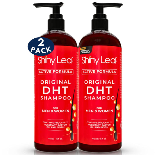 Shiny Leaf DHT Blocker Shampoo bottle on shelf, color-safe formula.