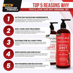 Shiny Leaf DHT Blocker Shampoo label with Procapil formula for healthier-looking hair.