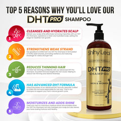 Shiny Leaf DHT Pro Shampoo label highlights Procapil and Capixyl for healthier hair