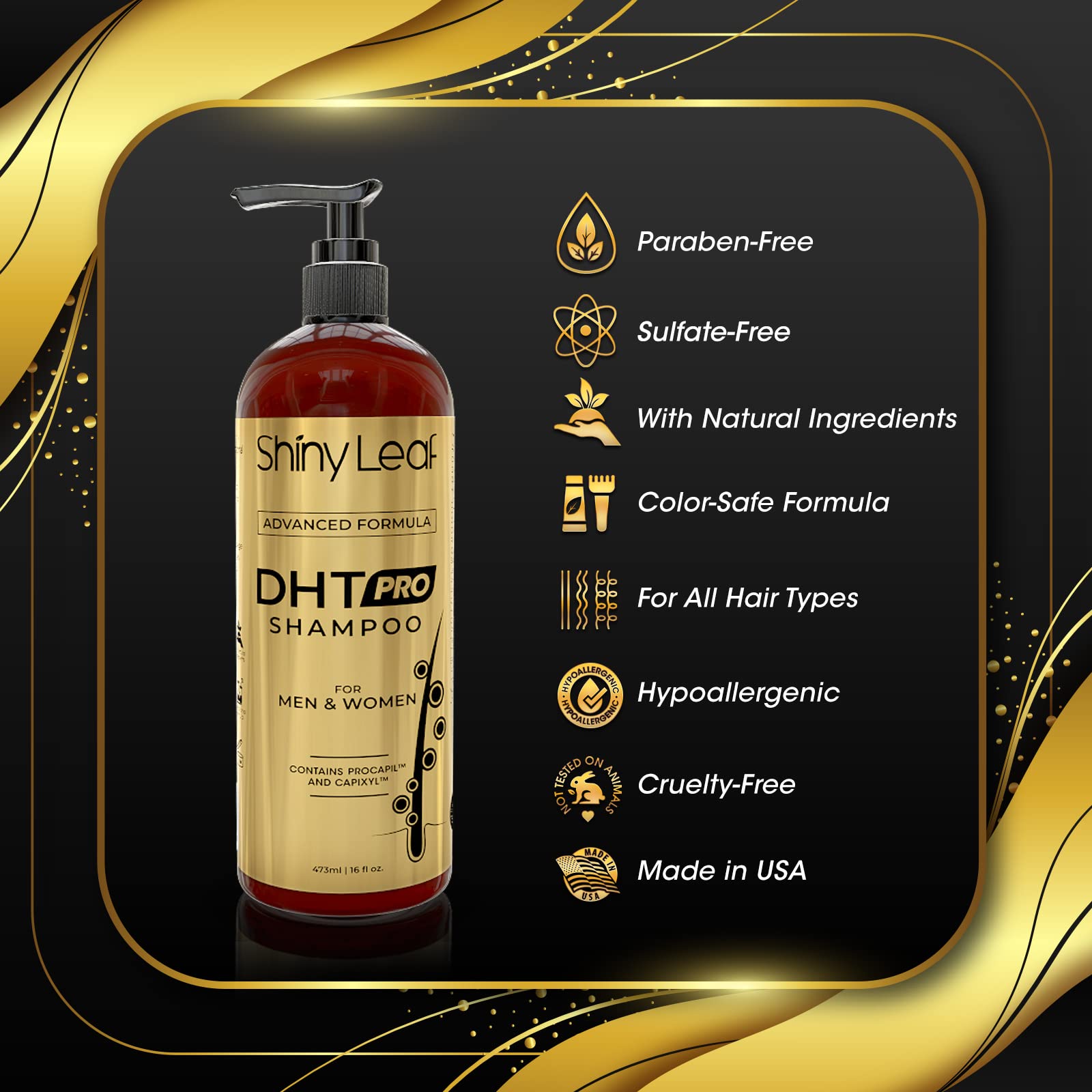 Shiny Leaf DHT Pro Shampoo made in USA badge visible on bottle