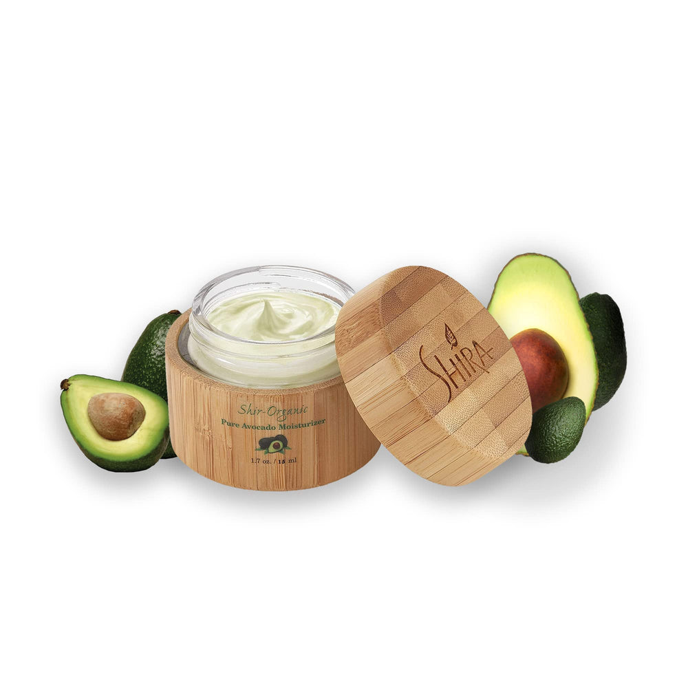 Shira Organic Avocado Oil bottle highlights natural nourishment for mature skin.