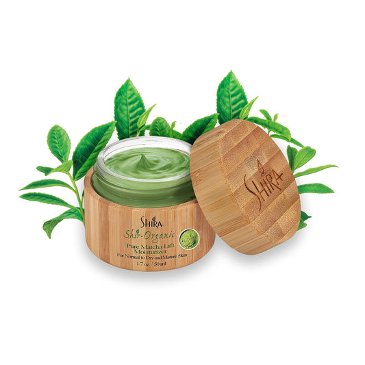 Shira Matcha Lift moisturizer texture close-up shows creamy consistency.