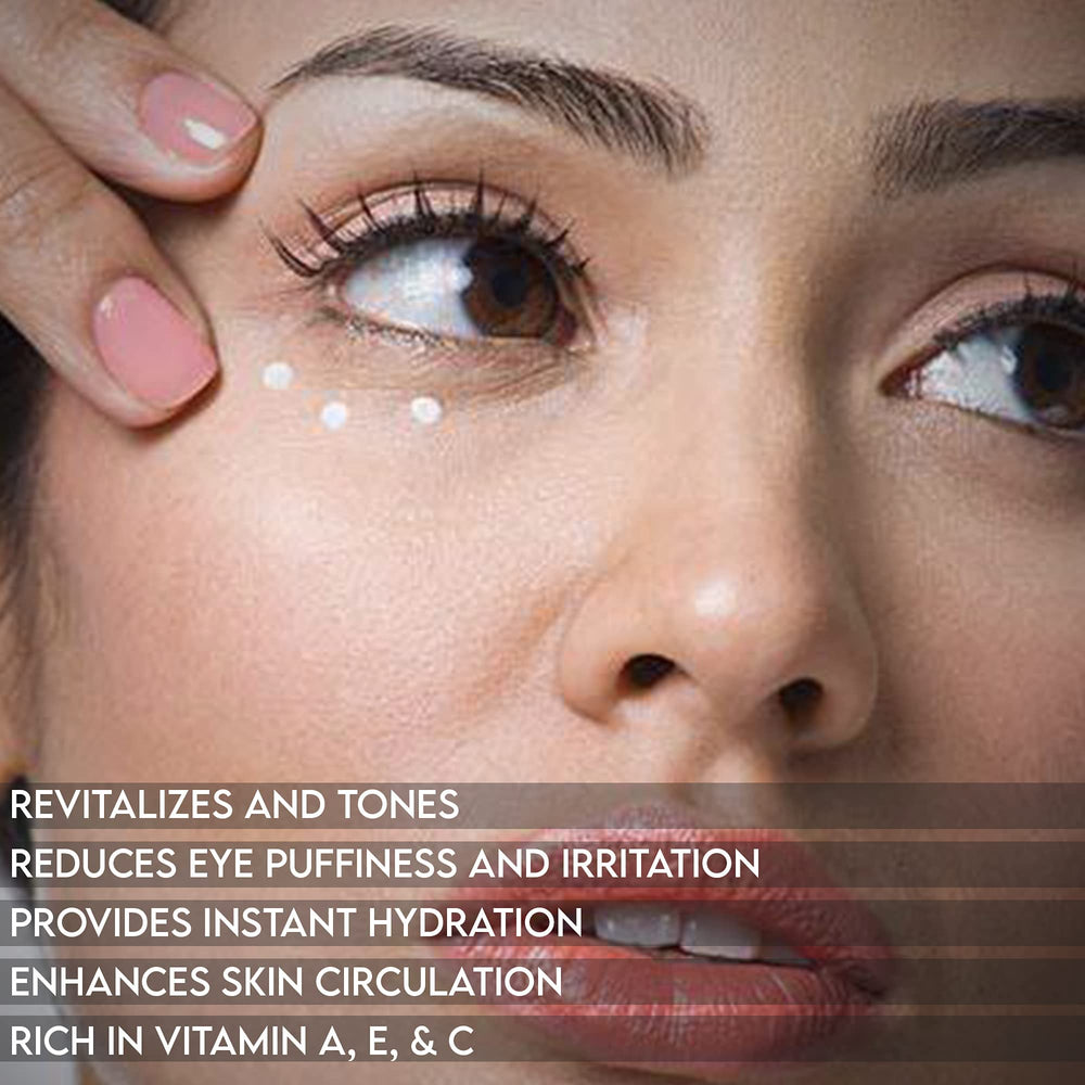 Shira eye cream applied under-eye for hydration and puffiness relief.