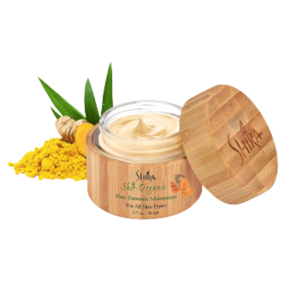 Shira Shir Turmeric Moisturizer label closeup highlights organic formula with vitamins B6 and C.