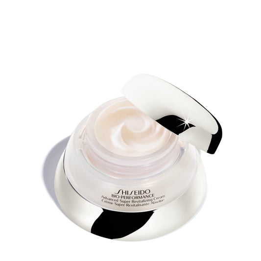Shiseido Bio-Performance cream texture close-up highlighting silky absorption