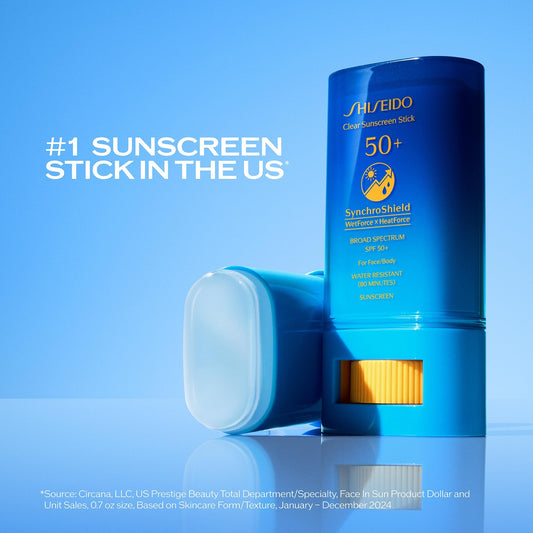 Shiseido Clear Sunscreen Stick application under makeup for quick touch-ups.