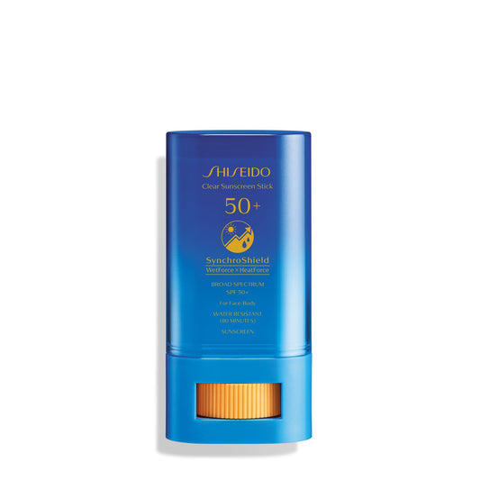 Shiseido Clear Sunscreen Stick SPF 50+ for invisible makeup-ready protection.