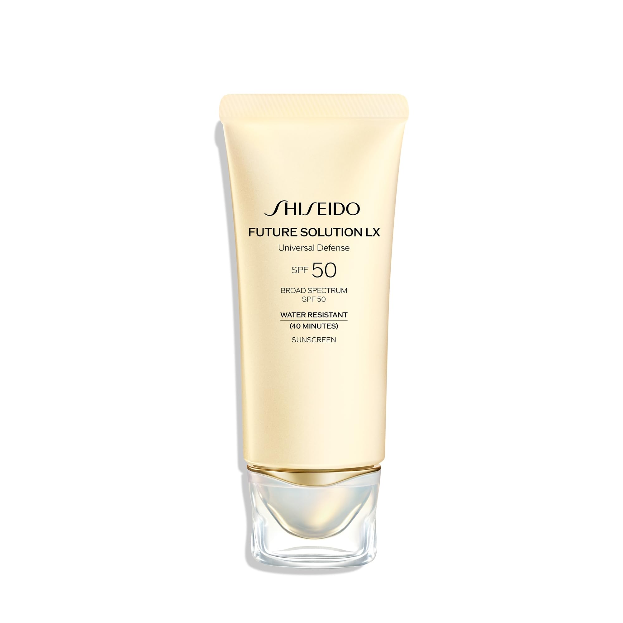 Shiseido Future Solution LX SPF 50 bottle with pump for daily protection and hydration.