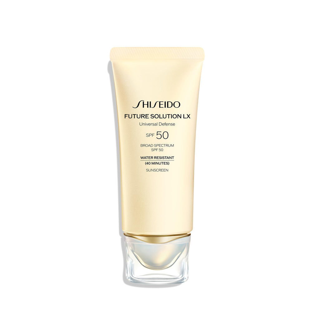 Shiseido Future Solution LX SPF 50 bottle with pump for daily protection and hydration.