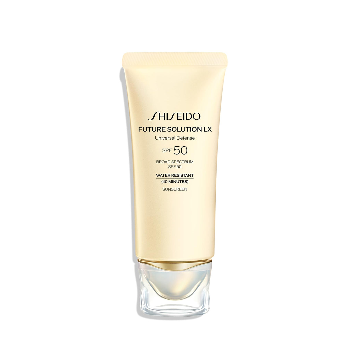 Shiseido Future Solution LX SPF 50 bottle with pump for daily protection and hydration.