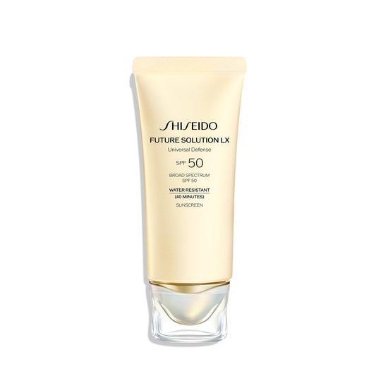 Shiseido Future Solution LX SPF 50 bottle with pump for daily protection and hydration.