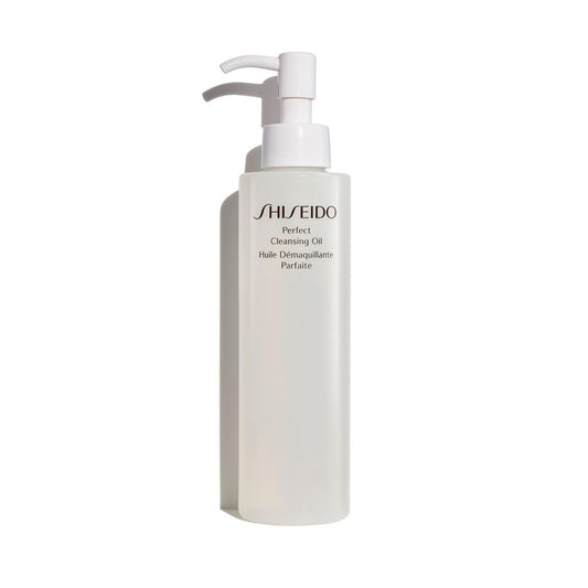 Shiseido Perfect Cleansing Oil bottle close-up showing gentle makeup removal and dewy finish