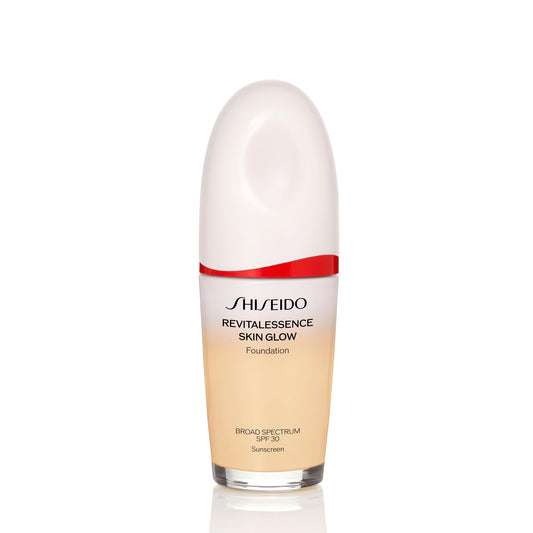 Shiseido RevitalEssence Skin Glow Foundation bottle close-up for radiant, hydrated skin