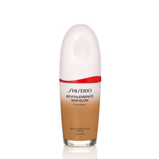Shiseido RevitalEssence Skin Glow Foundation bottle with pump for long-lasting hydration.