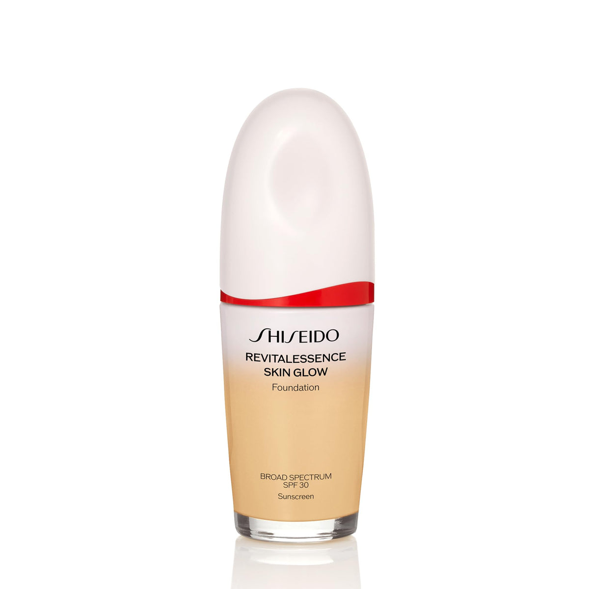 Shiseido RevitalEssence Skin Glow Foundation bottle delivers lasting radiance.