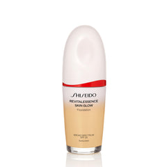 Shiseido RevitalEssence Skin Glow Foundation bottle delivers lasting radiance.