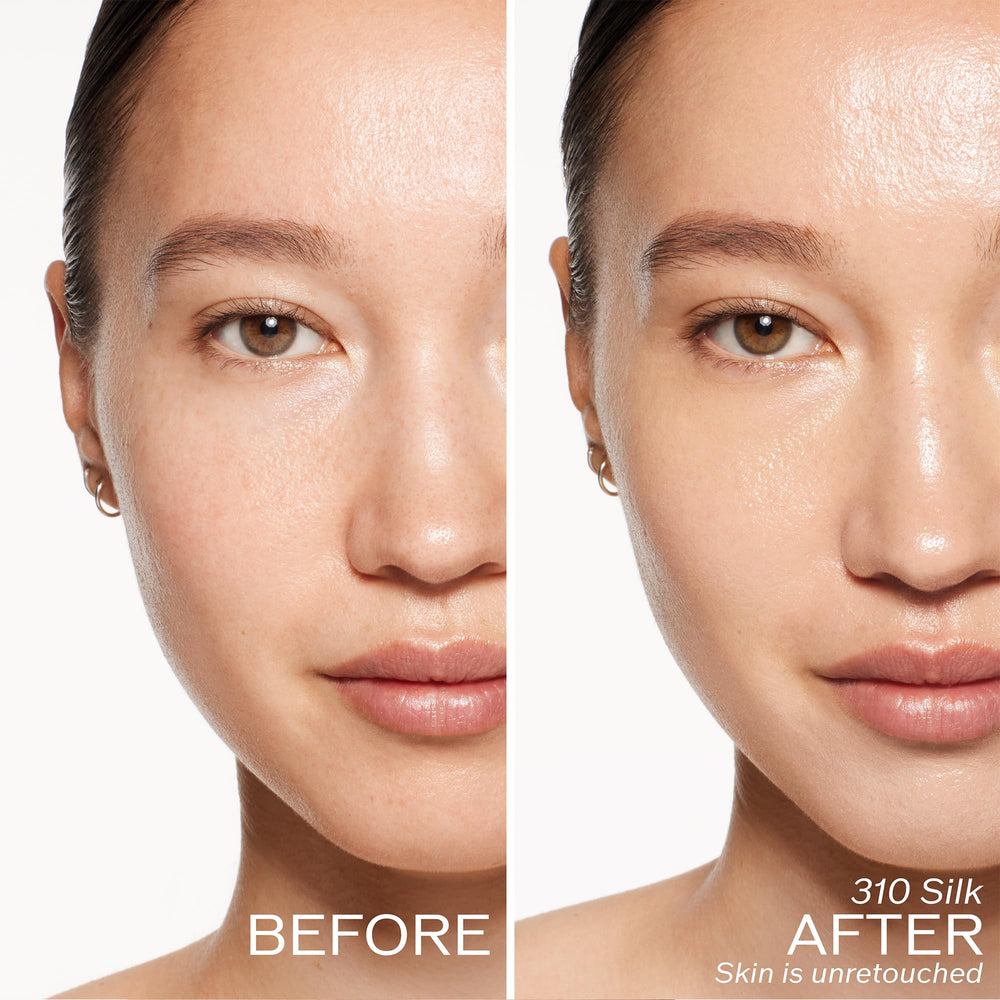 Shiseido RevitalEssence Skin Glow Foundation face swatch demonstrates medium coverage with a natural glow.