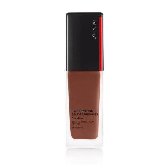 Shiseido Synchro Skin Self-Refreshing Foundation bottle shows long-wear coverage for a natural finish