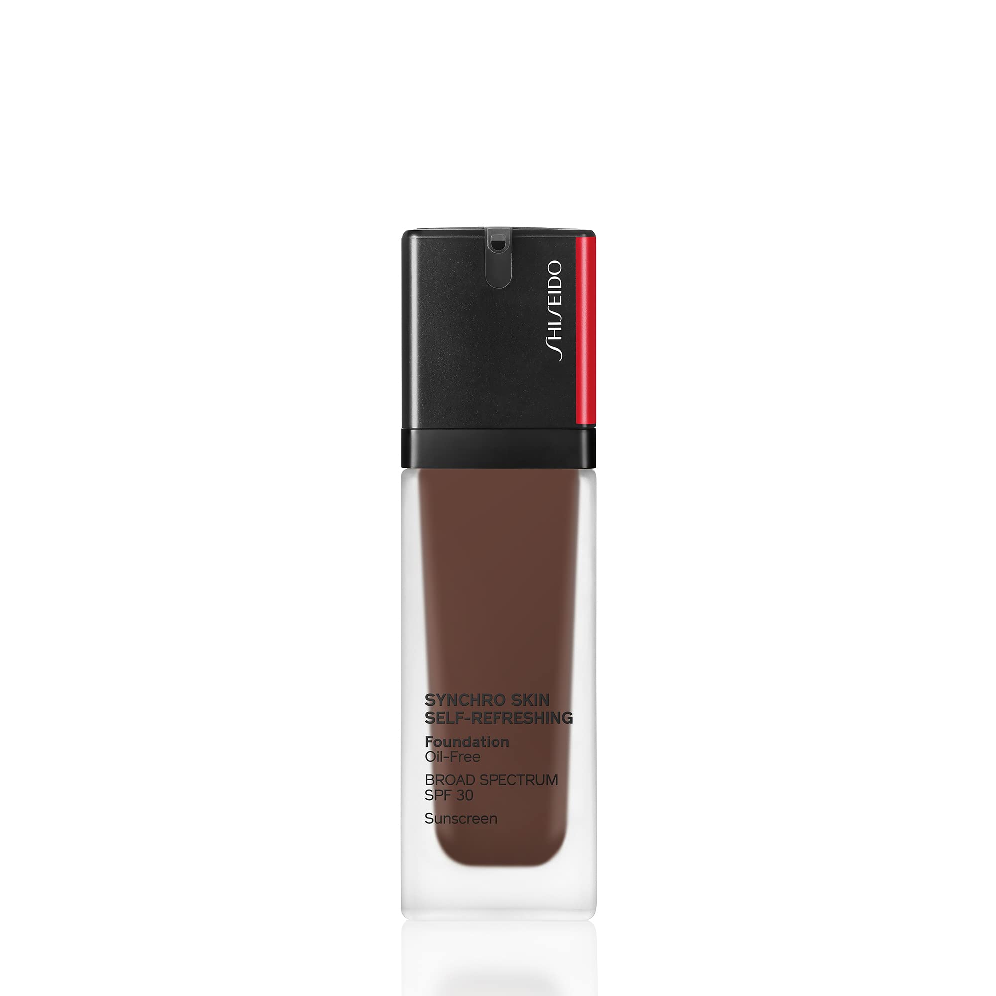 Shiseido Synchro Skin Obsidian foundation bottle showing long wear and SPF 30 protection.