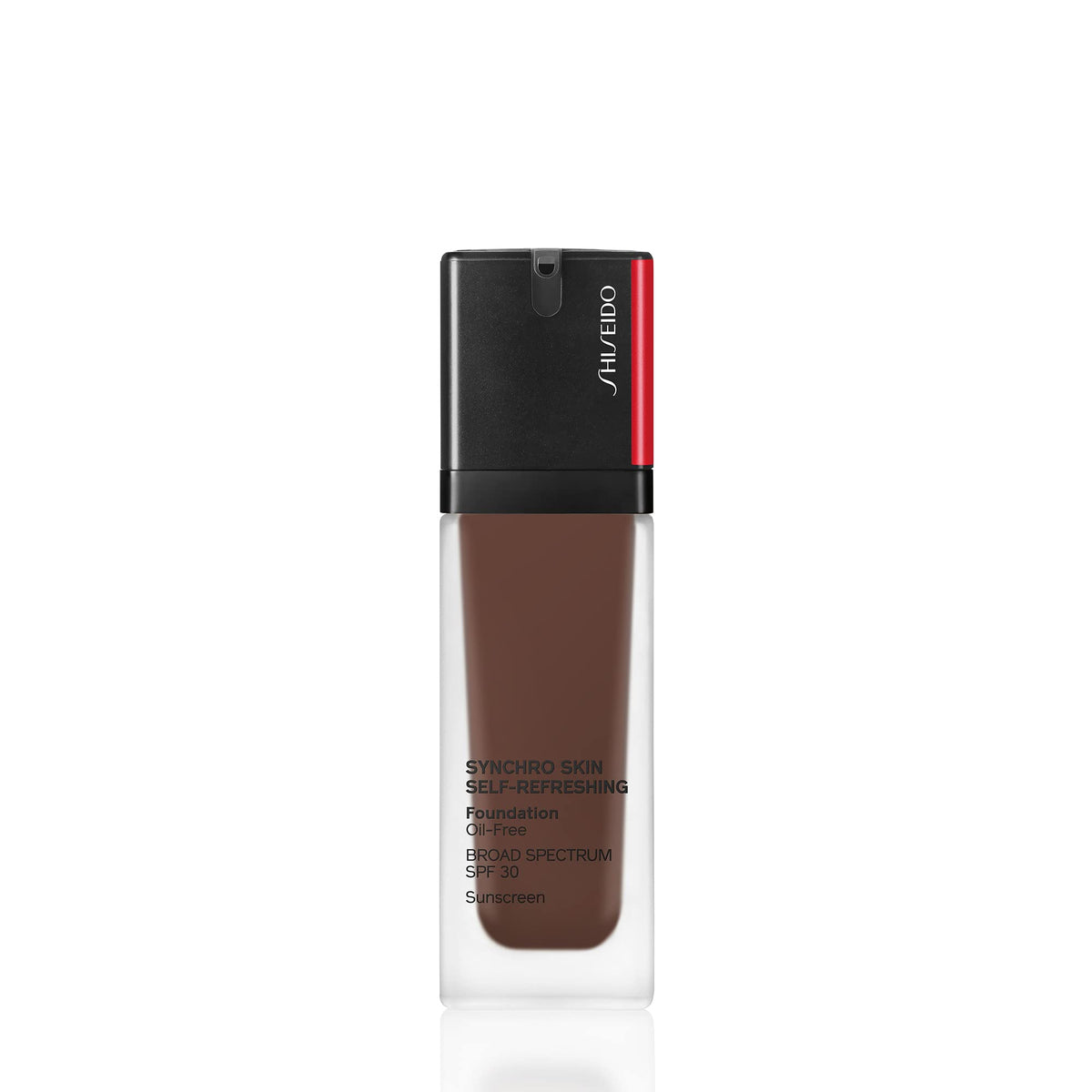 Shiseido Synchro Skin Obsidian foundation bottle showing long wear and SPF 30 protection.