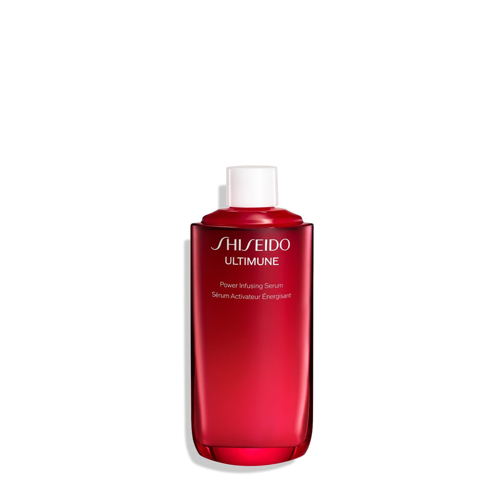 Shiseido Ultimune power infusing serum bottle close-up highlighting premium packaging and radiant glow